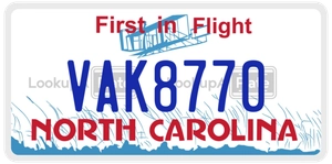 VAK8770 license plate in North Carolina