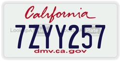7ZYY257  license plate in CA