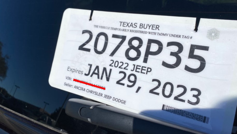 Temporary license plate Texas